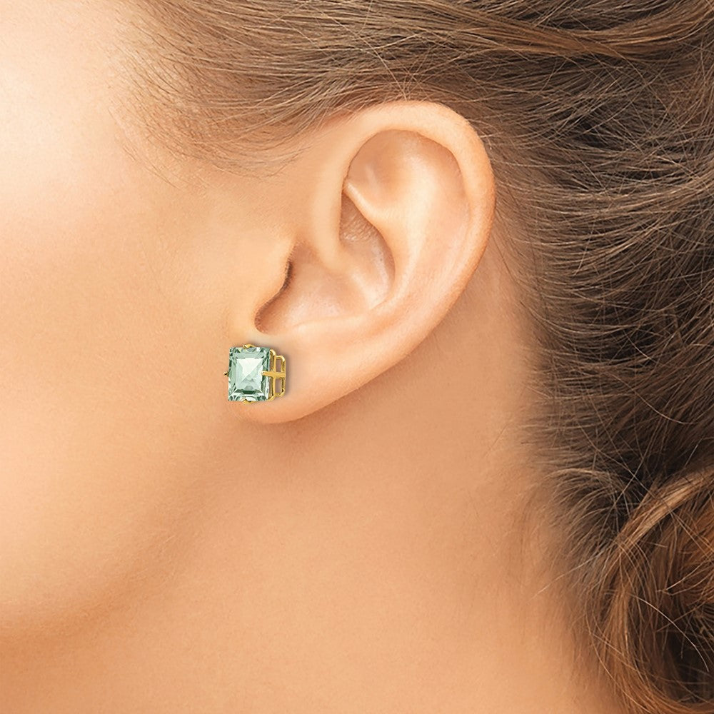 14k Yellow Gold 8mm Square Checker-Cut Green Quartz Earrings