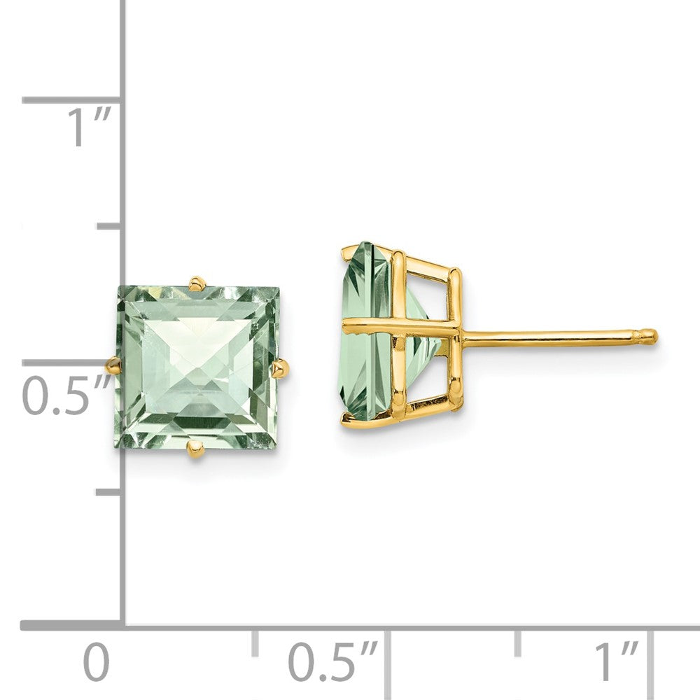 14k Yellow Gold 8mm Square Checker-Cut Green Quartz Earrings