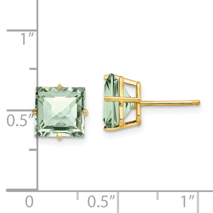 14k Yellow Gold 8mm Square Checker-Cut Green Quartz Earrings