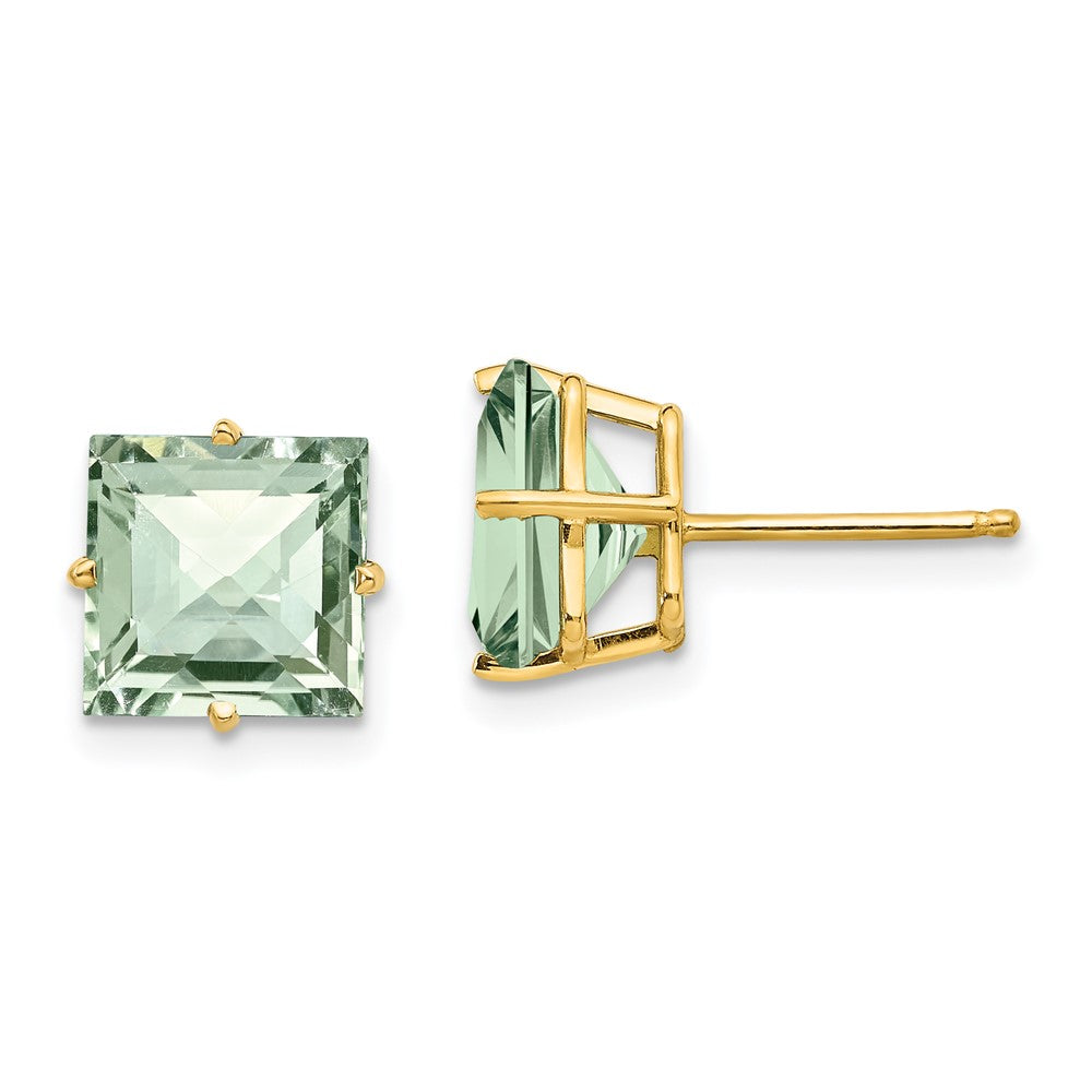 14k Yellow Gold 8mm Square Checker-Cut Green Quartz Earrings