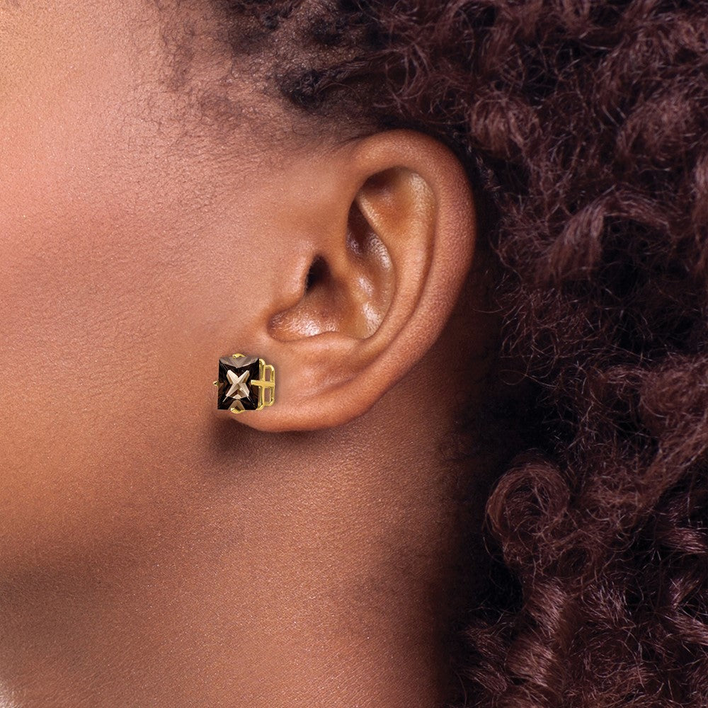14k Yellow Gold 8mm Square Checker-Cut Smok Yellow Gold Quartz Earrings