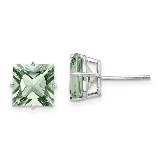 14k White Gold Princess 4-Prong 8.0mm Green Quartz Earrings