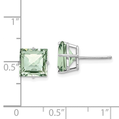 14k White Gold Princess 4-Prong 8.0mm Checker-Cut Green Quartz Earrings