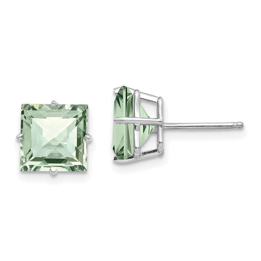 14k White Gold Princess 4-Prong 8.0mm Checker-Cut Green Quartz Earrings