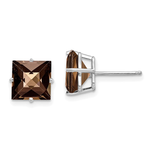 14k White Gold Princess 4-Prong 8.0mm Checker-Cut Smok Yellow Gold Quartz Earrings