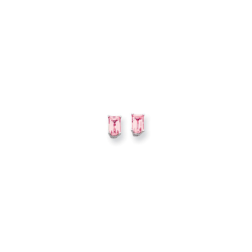 14k White Gold 6x4mm Emerald Cut Pink Tourmaline earring