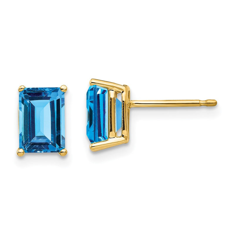 14k Yellow Gold 7x5mm Emerald Cut Blue Topaz Earrings