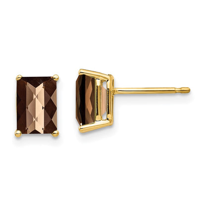 14k Yellow Gold 7x5 Octagon Checker-Cut Smok Yellow Gold Quartz Earrings