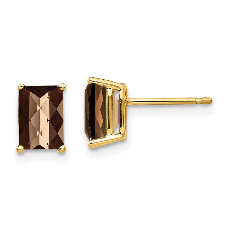 14k Yellow Gold 7x5 Octagon Checker-Cut Smok Yellow Gold Quartz Earrings