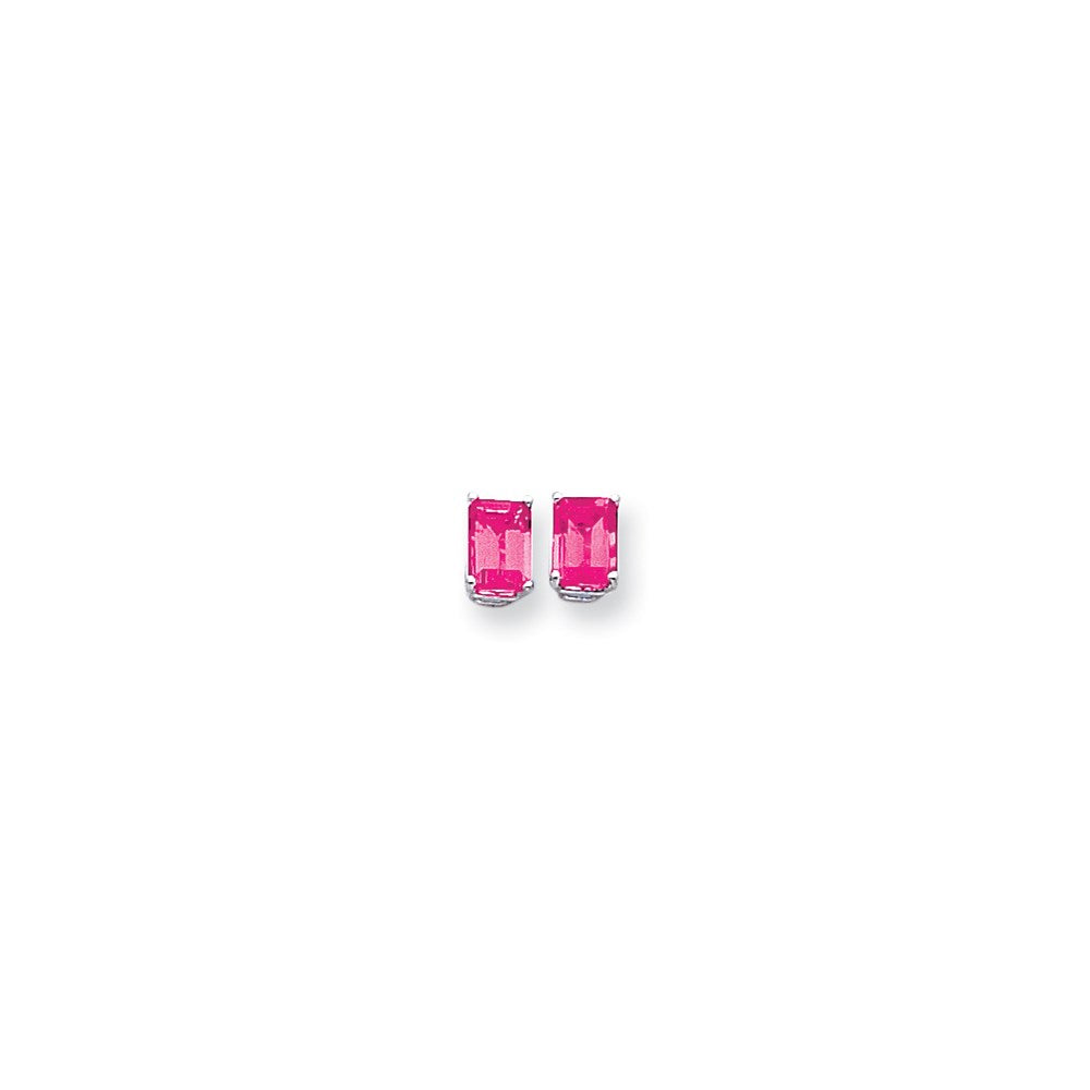 14k White Gold 7x5mm Emerald Cut Pink Tourmaline earring