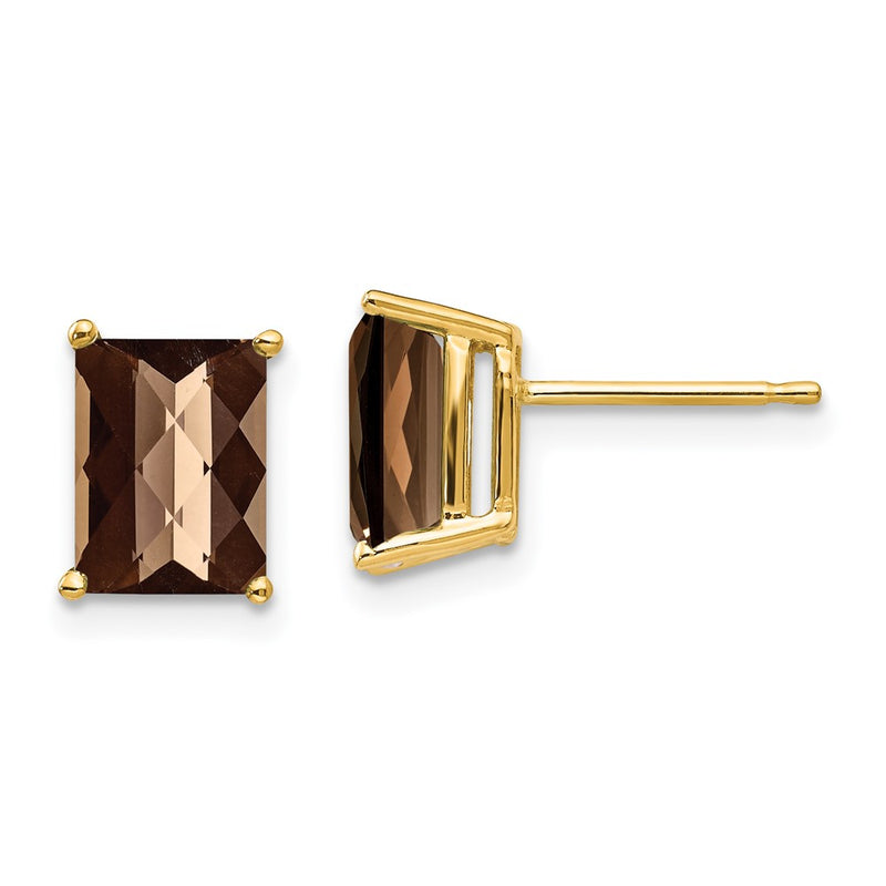 14k Yellow Gold 8x6 Octagon Checker-Cut Smok Yellow Gold Quartz Earrings