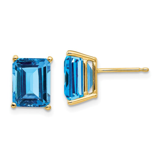14k Yellow Gold 9x7mm Emerald Cut Blue Topaz Earrings