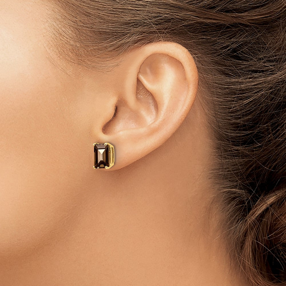14k Yellow Gold 9x7 Emerald Smok Yellow Gold Quartz Earrings