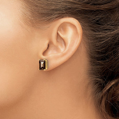 14k Yellow Gold 9x7 Emerald Smok Yellow Gold Quartz Earrings