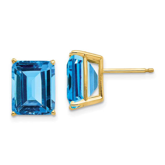 14k Yellow Gold 10x8mm Emerald Cut Blue Topaz Earrings