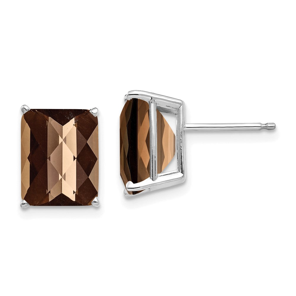 14k White Gold 10x8mm Octagon Checker-Cut Smok Yellow Gold Quartz Earring