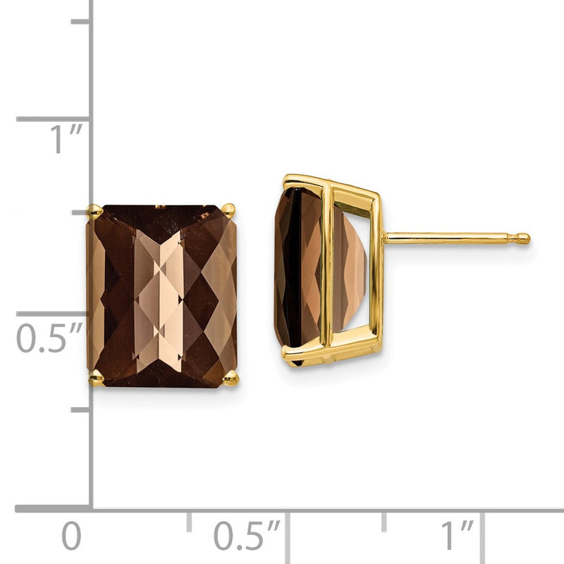 14k Yellow Gold 12x10 Octagon Checker-Cut Smok Yellow Gold Quartz Earrings