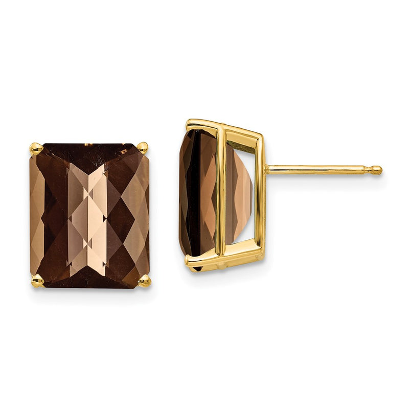 14k Yellow Gold 12x10 Octagon Checker-Cut Smok Yellow Gold Quartz Earrings