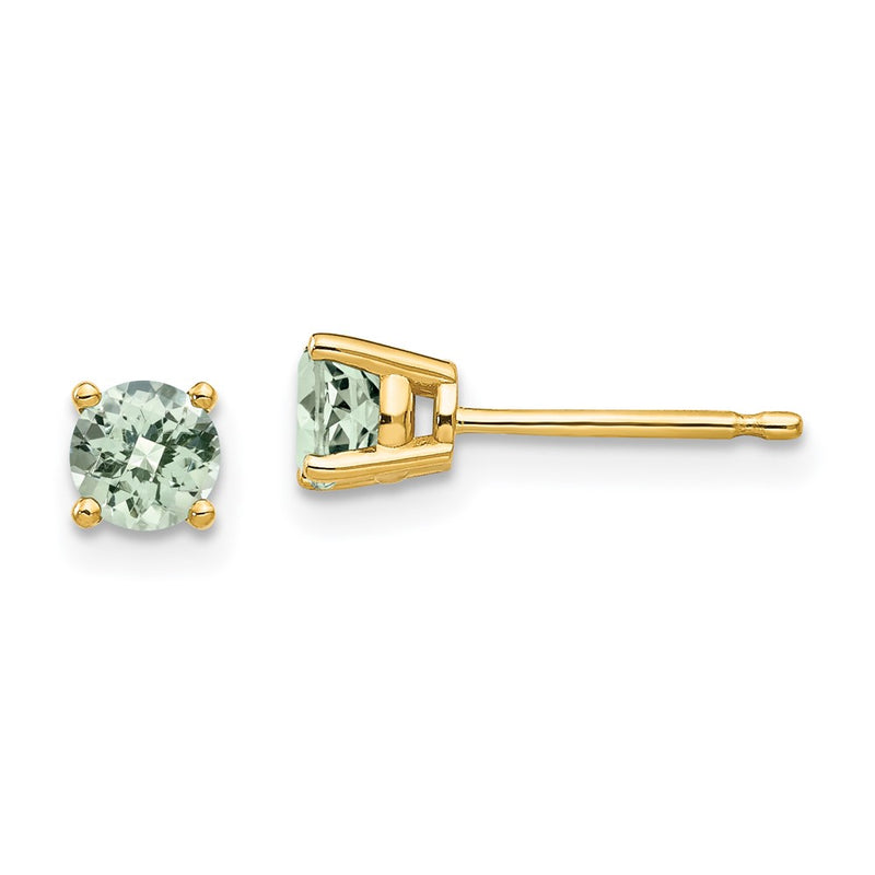 14k Yellow Gold 4mm Round Checker-Cut Green Quartz Earrings