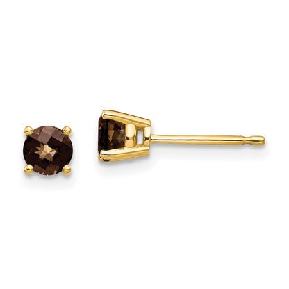 14k Yellow Gold 4mm Round Checker-Cut Smok Yellow Gold Quartz Earrings
