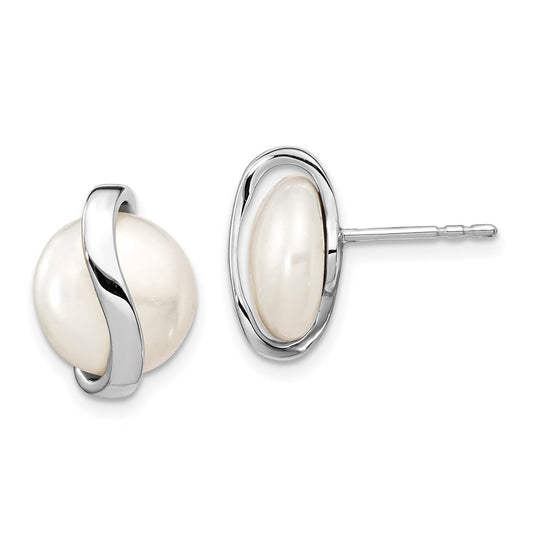 14k White Gold Coin Freshwater Cultured Pearl Post Earrings