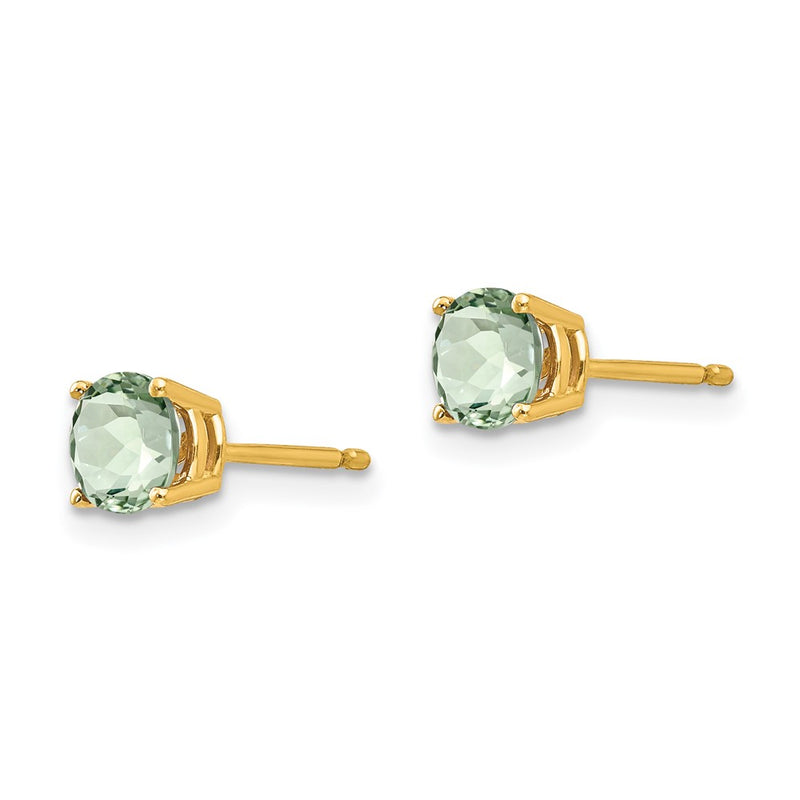 14k Yellow Gold 5mm Round Checker-Cut Green Quartz Earrings