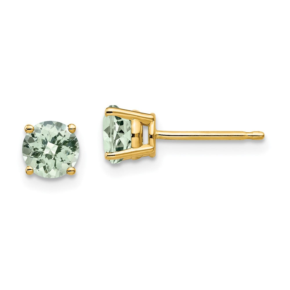 14k Yellow Gold 5mm Round Checker-Cut Green Quartz Earrings