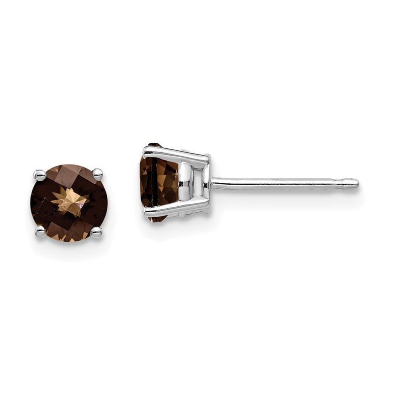 14k White Gold 5mm Round Checker-Cut Smok Yellow Gold Quartz Earrings