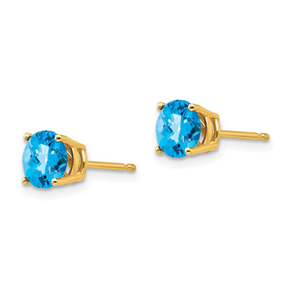 14k Yellow Gold 6mm Blue Topaz Checker Earrings