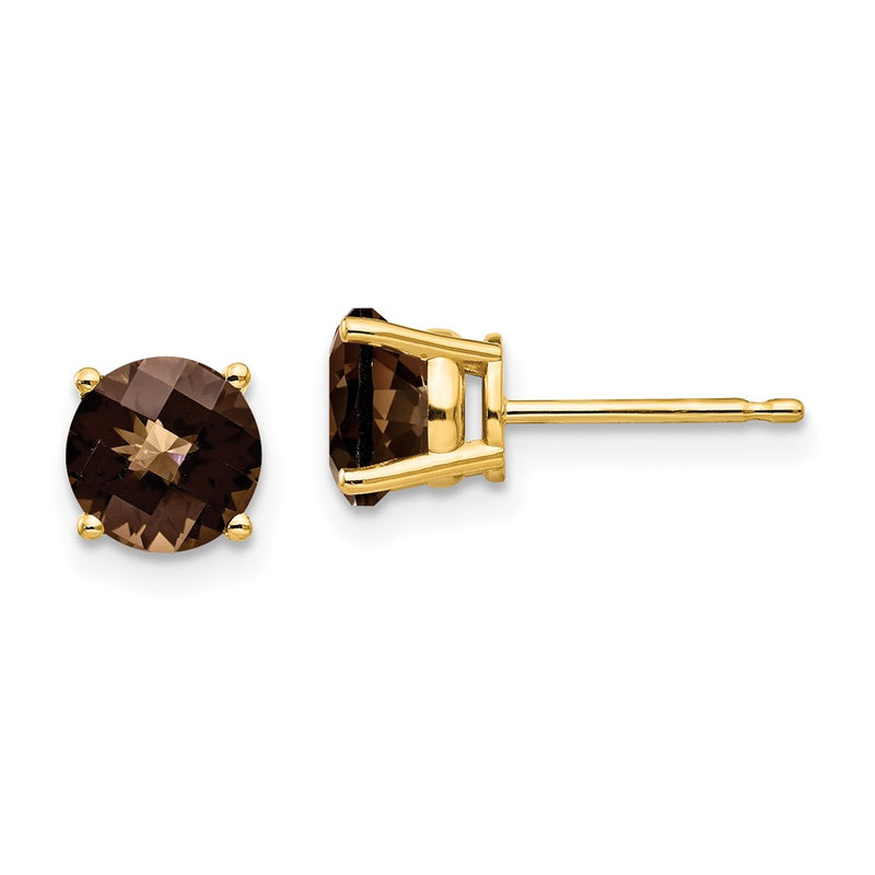 14k Yellow Gold 6mm Round Checker-Cut Smok Yellow Gold Quartz Earrings
