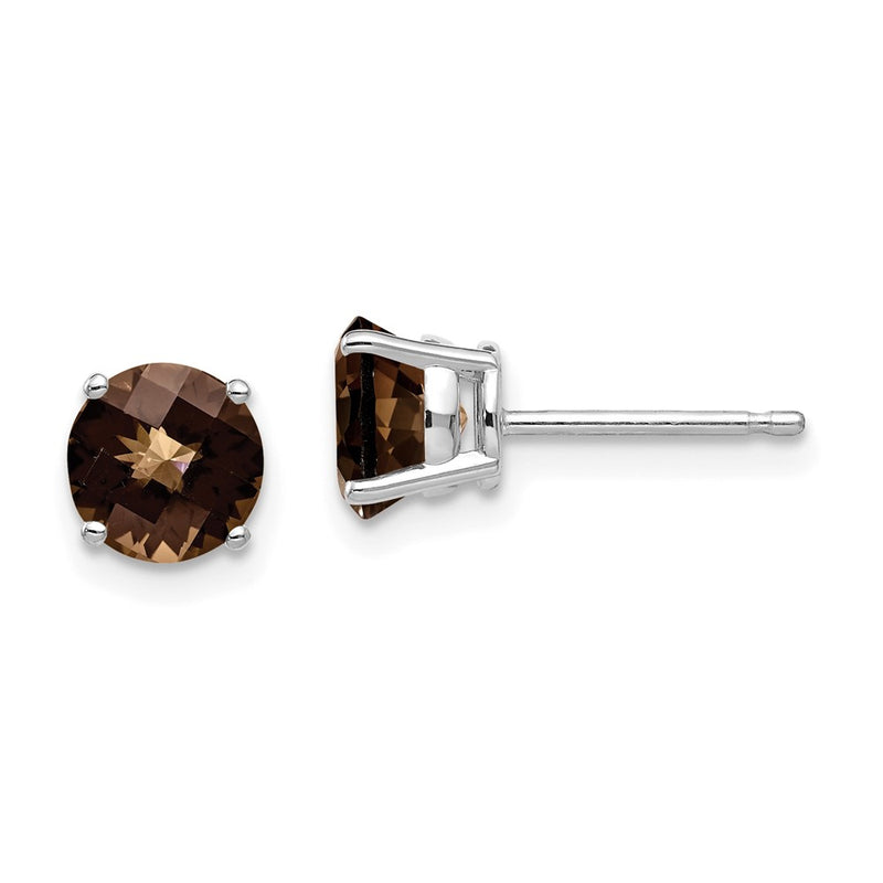 14k White Gold 6mm Round Checker-Cut Smok Yellow Gold Quartz Earrings