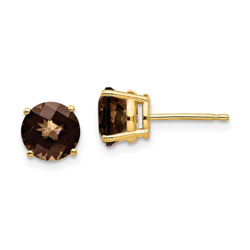 14k Yellow Gold 7mm Round Checker-Cut Smok Yellow Gold Quartz Earrings