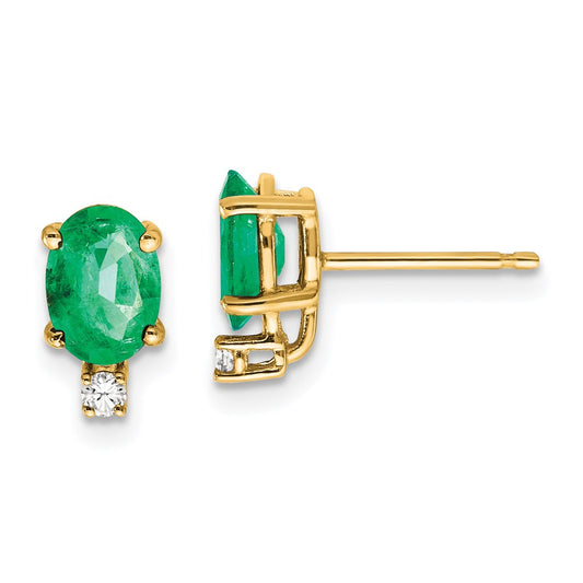 14k Yellow Gold 7x5mm Oval Emerald & AAA Real Diamond Earrings