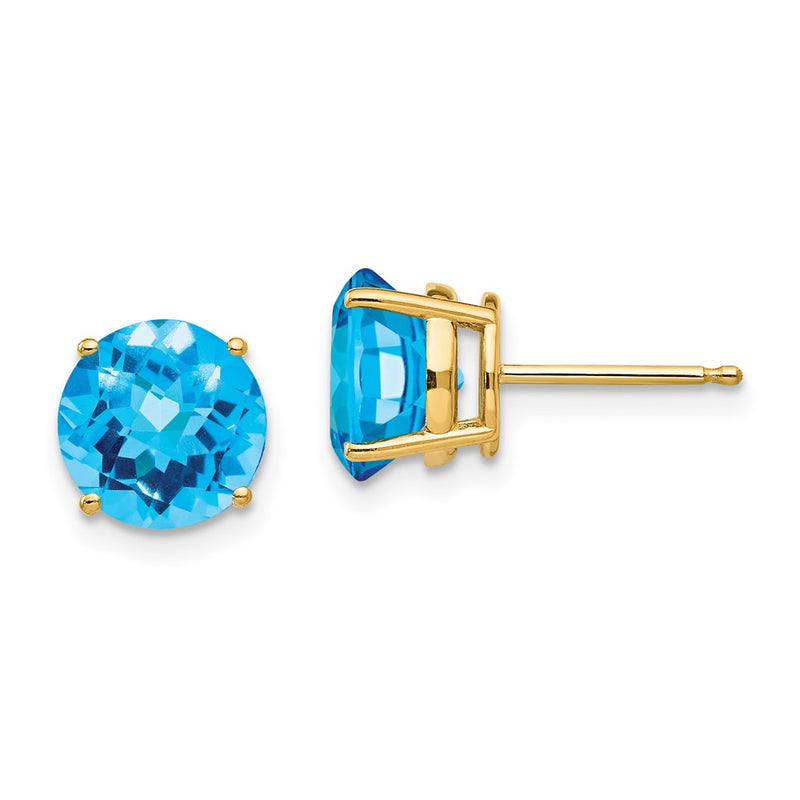 14k Yellow Gold 8mm Blue Topaz Checker Earrings