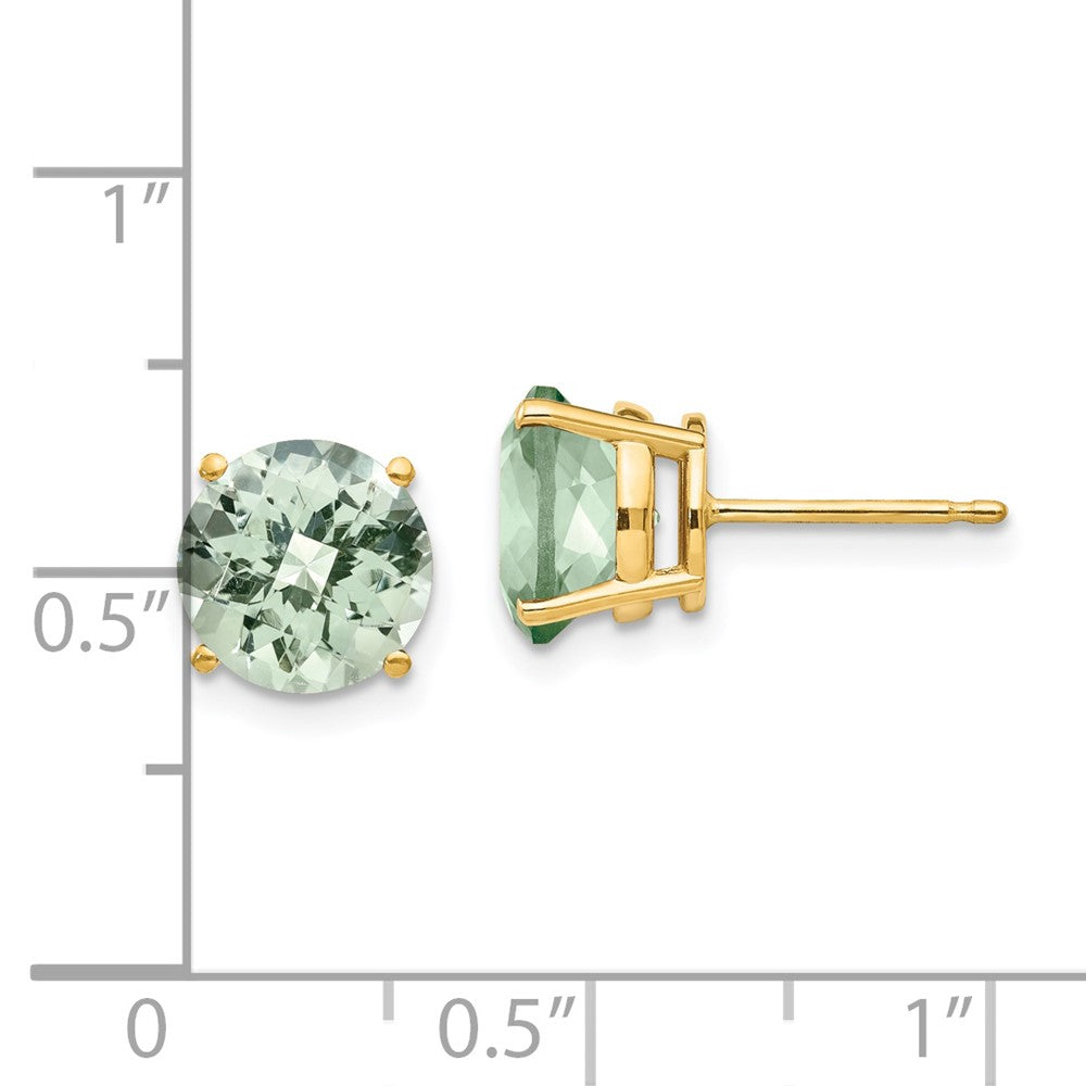 14k Yellow Gold 8mm Round Checker-Cut Green Quartz Earring