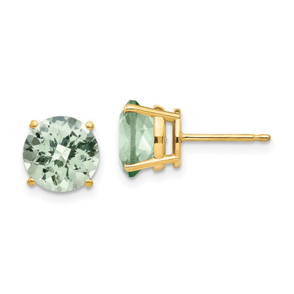 14k Yellow Gold 8mm Round Checker-Cut Green Quartz Earring