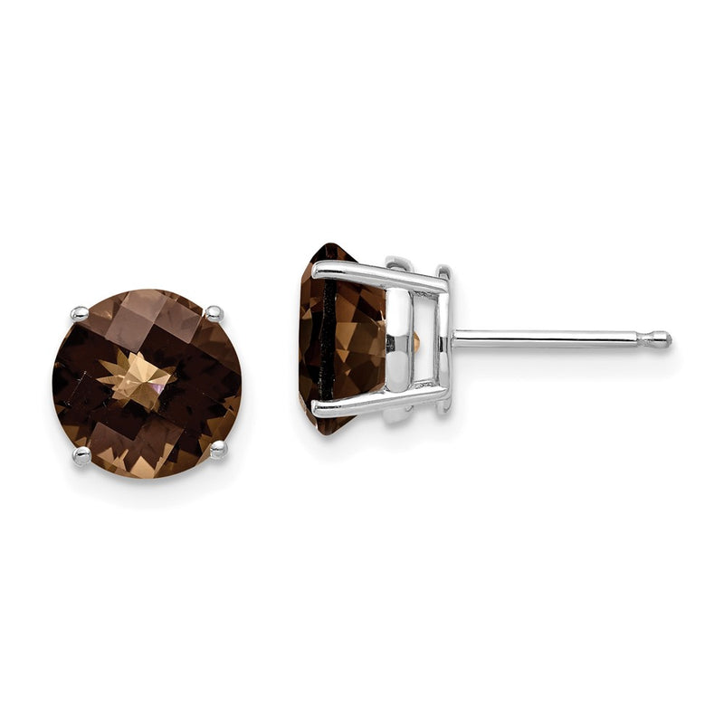 14k White Gold 8mm Round Checker-Cut Smok Yellow Gold Quartz Earrings