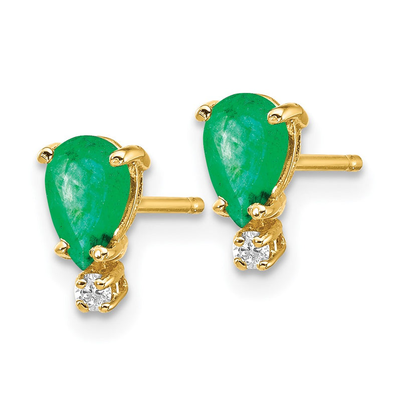 14k Yellow Gold Emerald Real Diamond Post Earrings