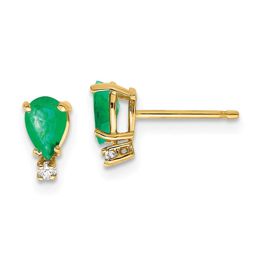 14k Yellow Gold Emerald Real Diamond Post Earrings