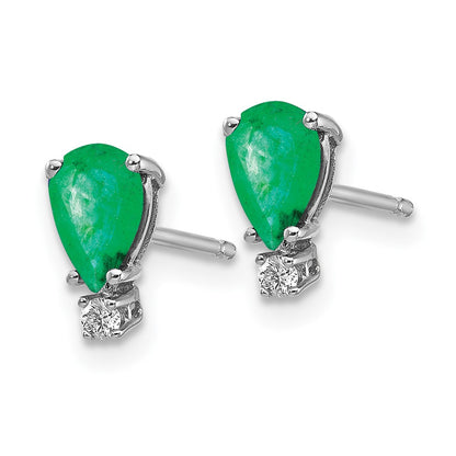 14k White Gold 6x4mm Pear Emerald & AAA Real Diamond Earrings