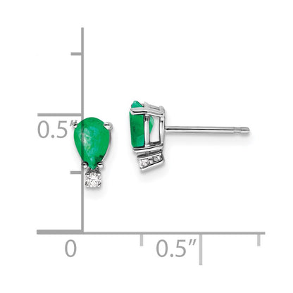 14k White Gold 6x4mm Pear Emerald & AAA Real Diamond Earrings