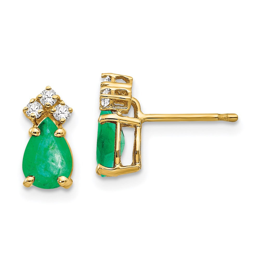 14k Yellow Gold 7x5mm Pear Emerald A Real Diamond Earrings XE762E/A