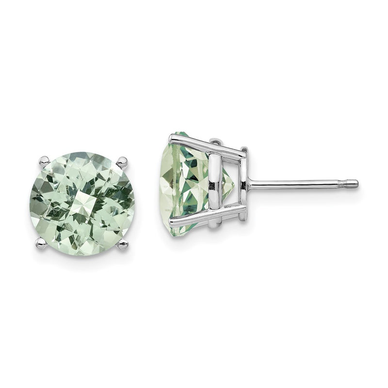 14k White Gold 10mm Round Checker-Cut Green Quartz Earrings