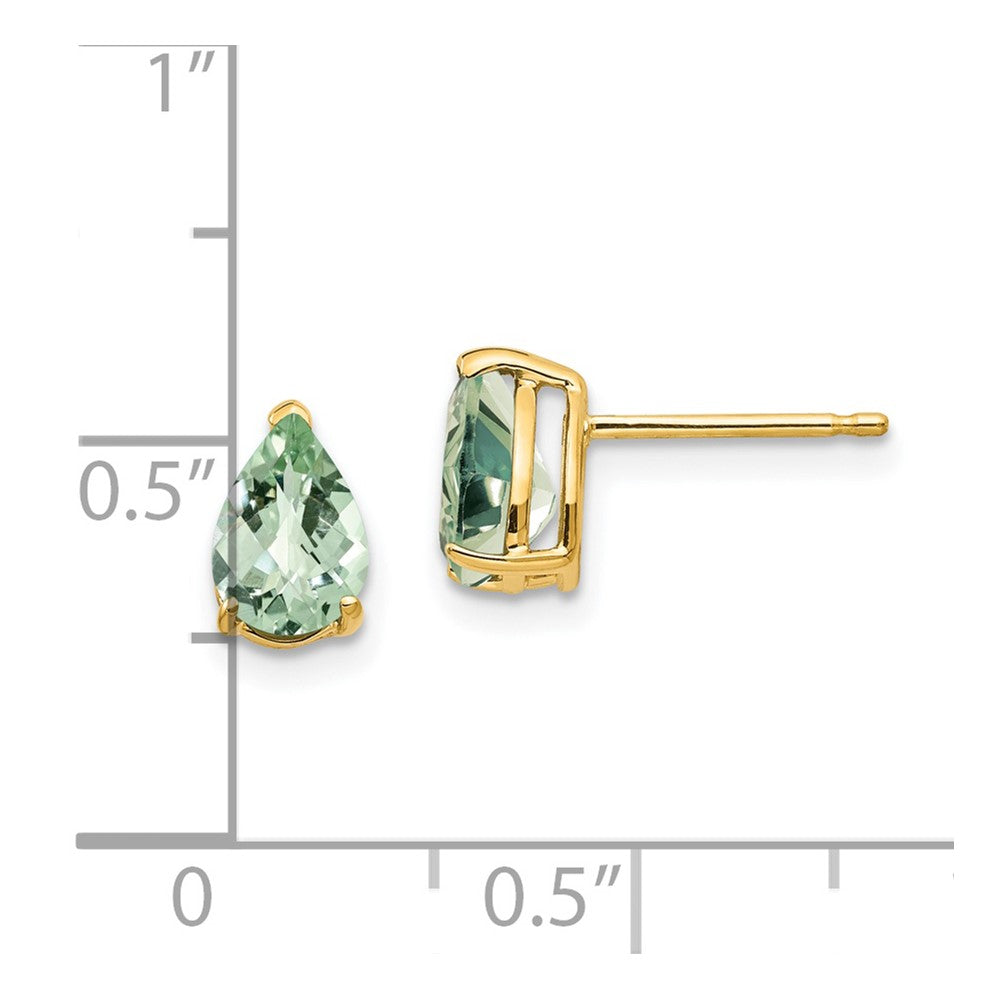 14k Yellow Gold 7x5 Pear Checker-Cut Green Quartz Earrings