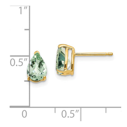 14k Yellow Gold 7x5 Pear Checker-Cut Green Quartz Earrings