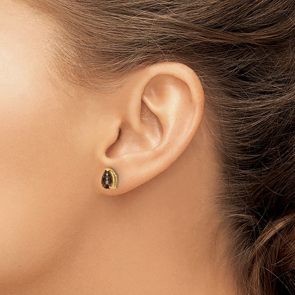 14k Yellow Gold 7x5 Pear Checker-Cut Smok Yellow Gold Quartz Earrings