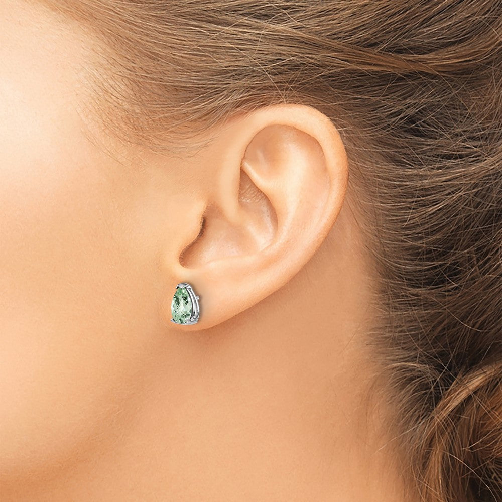 14k White Gold 8x5 Pear Checker-Cut Green Quartz Earrings