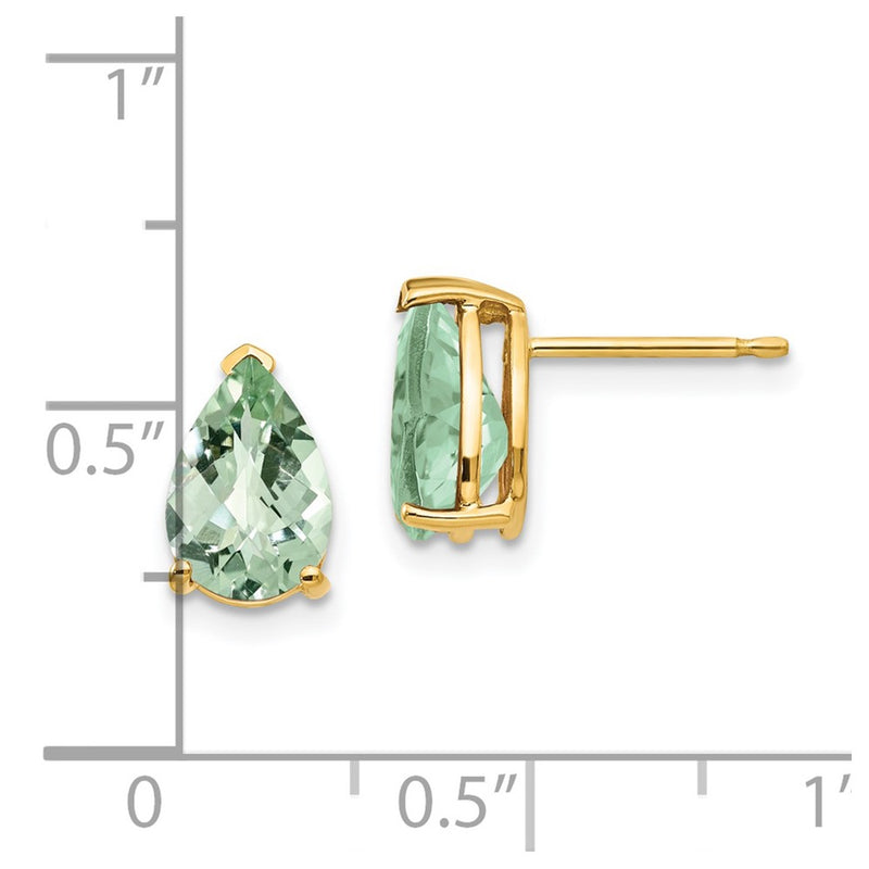14k Yellow Gold 9x6 Pear Checker-Cut Green Quartz Earrings