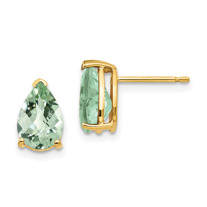 14k Yellow Gold 9x6 Pear Checker-Cut Green Quartz Earrings