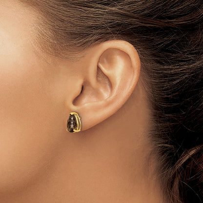 14k Yellow Gold 10x7 Pear Checker-Cut Smok Yellow Gold Quartz Earrings